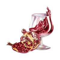 Pomegranate and pomegranate juice in a wine glass Watercolor hand drawn illustration. for design solutions. For labels, packaging and flyers, postcards, prints and banner. png