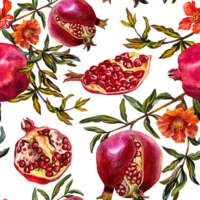 Pomegranate seamless pattern. Pomegranate fruit on a branch, open pomegranate, pomegranate flowers. Watercolor illustration. For labels, packaging, textiles and postcards, etc. png