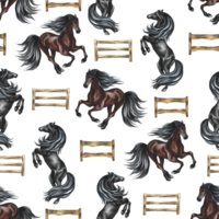 Seamless pattern with horses and wooden hurdles. Watercolor painted by hand. For printing, textiles and labels. png