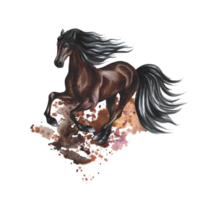 Running brown horse. Splashes and stains. Watercolor. For printing, stickers and labels. For postcards, business cards png