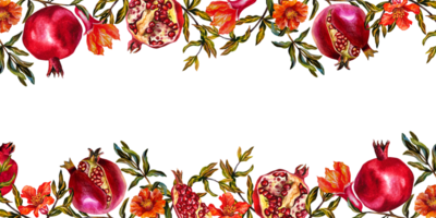 Pomegranate. Frame of pomegranate fruits on a branch, burst, cut pomegranate, pomegranate flowers. Horizontal. Watercolor illustration. For banners, juice labels, packaging. png