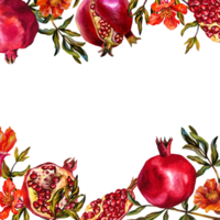 Ripe pomegranate. Frame of pomegranate fruits on a branch, burst, cut pomegranate, pomegranate flowers. Watercolor illustration. For banners, juice labels, packaging, postcards. png