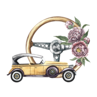 Vintage retro car. Antique wooden steering wheel decorated with vintage flowers. Watercolor illustration, made by hand, in isolation. For banners, flyers, posters. For prints, stickers, postcards. png
