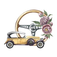 wijnoogst retro auto. antiek houten stuurinrichting wiel versierd met wijnoogst bloemen. waterverf illustratie, gemaakt door hand, in isolatie. voor spandoeken, flyers, affiches. voor afdrukken, stickers, ansichtkaarten. png