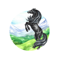 A black horse rears up against the backdrop of a mountain landscape in a circle. Hand watercolor. For printing and label png