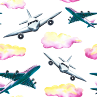 Seamless pattern with passenger planes and clouds. Watercolor hand drawn illustration. Designed for backgrounds, flyers, banners. For labels, packaging and textiles. png