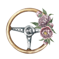 Vintage car retro steering wheel decorated with vintage peony flowers. Hand-made watercolor illustration. Isolate it. A design element of a banner, flyer, poster and packaging, sticker and print. png