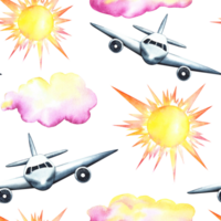 Seamless pattern with passenger planes, sun and clouds. Watercolor hand drawn illustration. Designed for backgrounds, flyers, banners. For labels, packaging and textiles. png