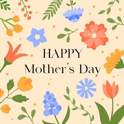 Happy Mothers Day illustration. Square greeting card. Cute flowers and text Mother's Day. Floral design. Abstract blossom background.