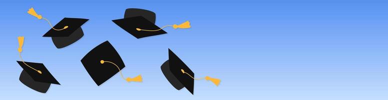 Graduation web banner template with copy space. Academic grad caps in air thrown up together. Mortarboards tossed up. horizontal illustration. Graduate symbols on sky background. vector