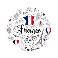 France doodles round design set. illustrations of isolated French elements in cute hand drawn style. Outline national symbols Eiffel Tower, lavender, country map, flag and others vector