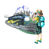 un' turista con un' telecamera su il sfondo di montagne e un' turista autobus. isolato. acquerello mano disegnato illustrazione. progettato per volantini, banner e cartoline. per inviti. png