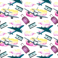 Seamless pattern with passenger planes, suitcases, tickets and clouds. Watercolor hand drawn illustration. Designed for backgrounds, flyers, banners. For packaging and textiles. png