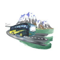 Passenger, tourist bus on the background of snowy mountains. watercolor hand drawn illustration. Designed for flyers, banners and postcards. For invitations, posters, stickers and prints. png