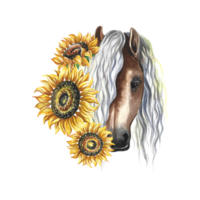 Horse portrait with sunflowers. Watercolor illustration. For printing, stickers and labels. For postcards, business card png