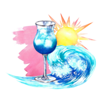 Blue Lagoon Cocktail. Composition depicting a blue drink, a sea wave and the sun. Watercolor illustrations. For the design of menus, flyers, banners, postcards. For invitations, posters, labels. png