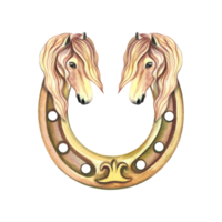 A golden horseshoe decorated with portraits of horses is a beautiful mare. Watercolor handmade. For printing, stickers png