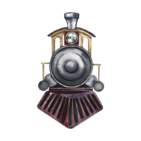 Vintage retro steam locomotive, front view. Watercolor illustrations are made by hand, in isolation. For banners, flyers, posters. For prints, stickers, postcards and tickets. png