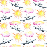 Seamless pattern with passenger planes, sun and clouds. Watercolor hand drawn illustration. Designed for backgrounds, flyers, banners. For labels, packaging and textiles. png