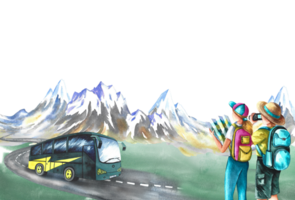 Touristen mit ein Karte und ein Kamera auf das Hintergrund von Berge und ein Tourist Bus. Aquarell Hand gezeichnet Illustration. entworfen zum Flyer, Banner und Postkarten. zum Einladungen und Plakate. png