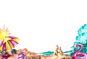riposo su il mare. telaio con il Immagine di spiaggia armamentario su il sfondo di il mare. spiaggia ombrello, sabbia castello, onde. acquerello illustrazioni. per il design di volantini, striscioni, cartoline. png
