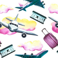 Seamless pattern with passenger planes, suitcases, tickets and clouds. Watercolor hand drawn illustration. Designed for backgrounds, flyers, banners. For packaging and textiles. png