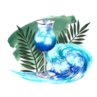 Blue Lagoon Cocktail. Composition depicting a blue drink and a sea wave. Watercolor hand drawn illustration. For the design of menus, flyers, banners, postcards. For invitations, posters, labels. png