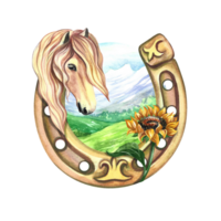 A horseshoe with a sunflower in the mountain landscape with a portrait of a horse. Watercolor painted by hand. Icon for printing, stickers and labels. For postcards, business cards. png