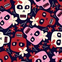 dibujos animados sin costura modelo con gracioso calaveras con un flores vector