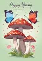 Happy spring poster template with low poly two butterflies and mushrooms geometric polygonal style vector