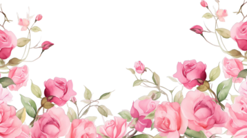 Border made of pink watercolor roses flowers and green leaves isolated on transparent background png