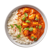 Spicy curry chicken tikka masala served with rice isolated on transparent background png