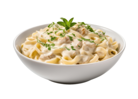 Bowl of fettucini alfredo with garnish isolated on a transparent background png