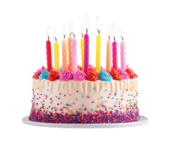 Colorful birthday cake with candles isolated on transparent background png