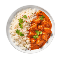 Spicy curry chicken tikka masala served with rice isolated on transparent background png