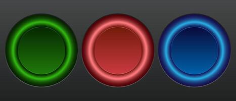 Set of blue, red, green glowing neon light circles in round shape, technology concept. Can be used for badges, price tags, labels, frames vector