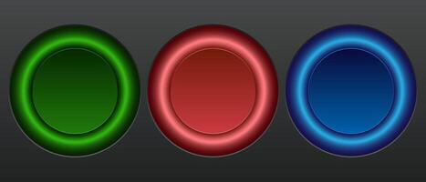 Set of blue, red, green glowing neon light circles in round shape, technology concept. Can be used for badges, price tags, labels, frames vector