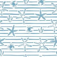 Abstract background. Blue and white color. Sea wallpaper. Striped seamless pattern with horizontal line starfish and crabs. vector