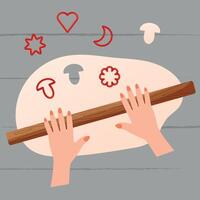 Hands making dough with a rolling pin on a wooden background Cutting out biscuits with moulds Flat style vector