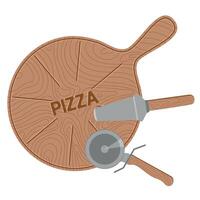 Empty round pizza board with handle Pizza knife and spatula Flat Style vector