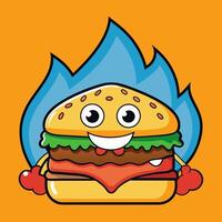 Arte de hamburguesa queso con fuego dibujos animados estilo plano icono ilustración vector