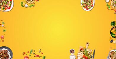 Mixed fruit and Vegetables with yellow background empty spaces photo