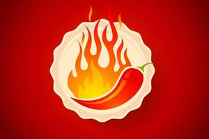 Chilli icon with fire. Logo with red chili with flame. Retro emblem with hot chilli and fire. vector