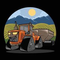 Big tractor with plantation and mountain views,animation tractor vector