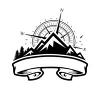 Black and white adventure badge logo design with ribbon. Mountain badge logo. Mountain and compass logo vector