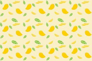 Illustration pattern of mango fruit and pieces on soft yellow background. vector