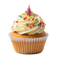 Delicious birthday cupcake with a lit candle and sprinkles png