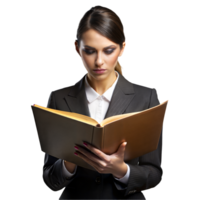 Professional woman reading a large book intently png