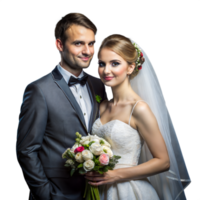 Elegant bride and groom posing together on their wedding day png