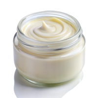 Luxurious cream in a clear glass jar on reflective surface png